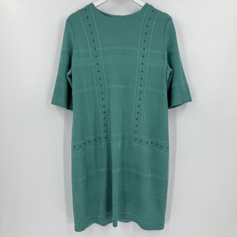 Ming Wang Women's Medium Stud Trim Tonal Stripe Knit Dress Knee Length Turquoise